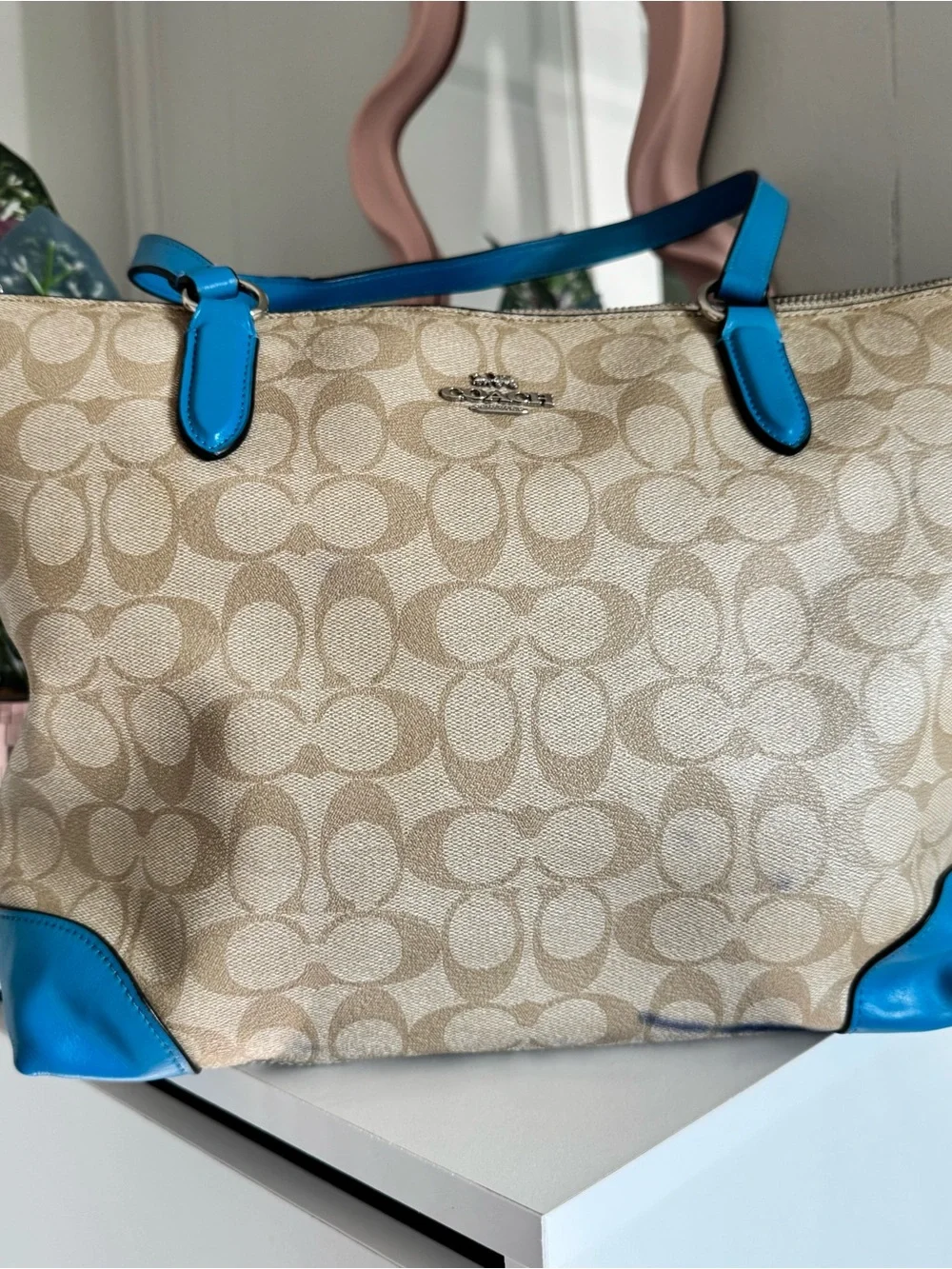 Coach Beige Signature Tote with Bright Blue Leather Trim and Matching Wallet